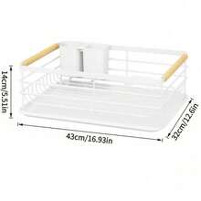 Black & White Carbon Steel Dish Drying Rack With Wooden Handle, Large Capacity Countertop Dish Rack,Kitchen Storage Rack,Countertop Plate Bowl Cup Organizer With Removable Utensil Holder & Drain Tray, Multi-Size Kitchen Dish Storage Rack For Home - View 14