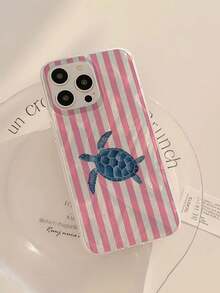 1pc Fashionable Pink Striped Turtle Pattern Waterproof Anti-Fingerprint Anti-Scratch Transparent IMD Soft Glossy Smooth Phone Case, Suitable For Confession, Gifts For Friends, Family, Couples, Birthday, Holiday, Compatible With Apple 17/17 PLUS/17 PRO/17 PRO MAX - Multicolor - View 4