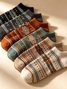 3/5 Pairs Fair Isle Vintage Jacquard Short Socks, Breathable Versatile Unisex Spring/Autumn Casual Daily Wear Socks - Multicolor - View 10