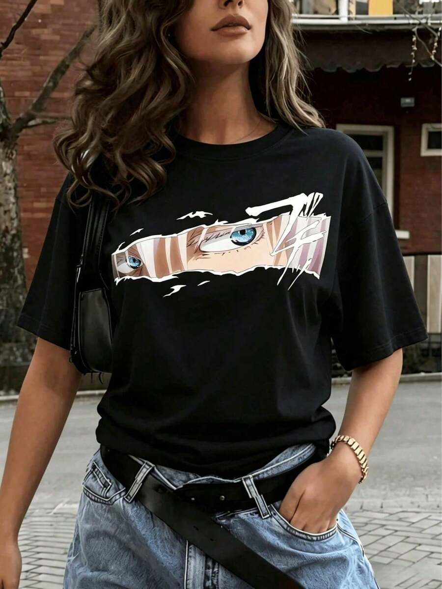 Y2K Style Loose Mid-Length Short-Sleeve Shirt With Anime Eye Pattern, Casual Summer Top - 黑色 - 查看 1