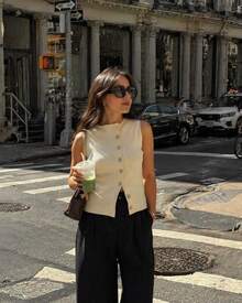 Cream Textured Stand Collar Single-Breasted Sleeveless Knit Vest, Slim Fit Cropped French Style Commuter Layering Tank Top For Women - Apricot - View 6