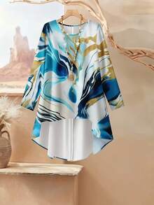 Set Kaos dan Celana Panjang Wanita Ukuran Plus dengan Motif Cetak dan Hem Asimetris - Biru - View 3