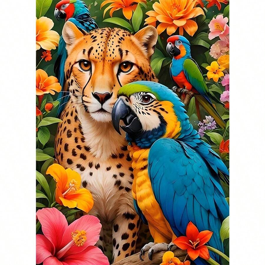 1 pezzo | Pittura di diamanti 5D fai-da-te | Kit di pittura di diamanti con motivo di leopardo e pappagallo in fiori, set di mosaico con perforazione completa rotonda, pittura di diamanti ad alta definizione, concentrazione e relax attraverso il fai-da-te, adatto per decorazione da parete di soggiorno, camera da letto, ufficio, regalo sorpresa per decorazione domestica festiva per famiglia e amici, senza cornice - diamante rotondo - Visualizzare 1