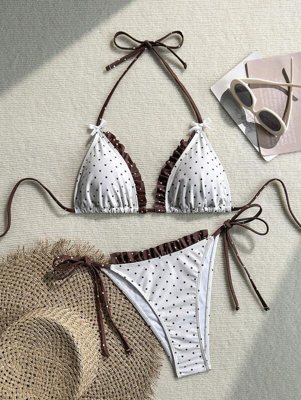 Conjunto de bikini de 2 piezas para mujer con lunares, diseño lindo y casual, espalda descubierta, cordón ajustable, ribete de volantes y decoración de volantes para vacaciones de primavera/verano en la playa