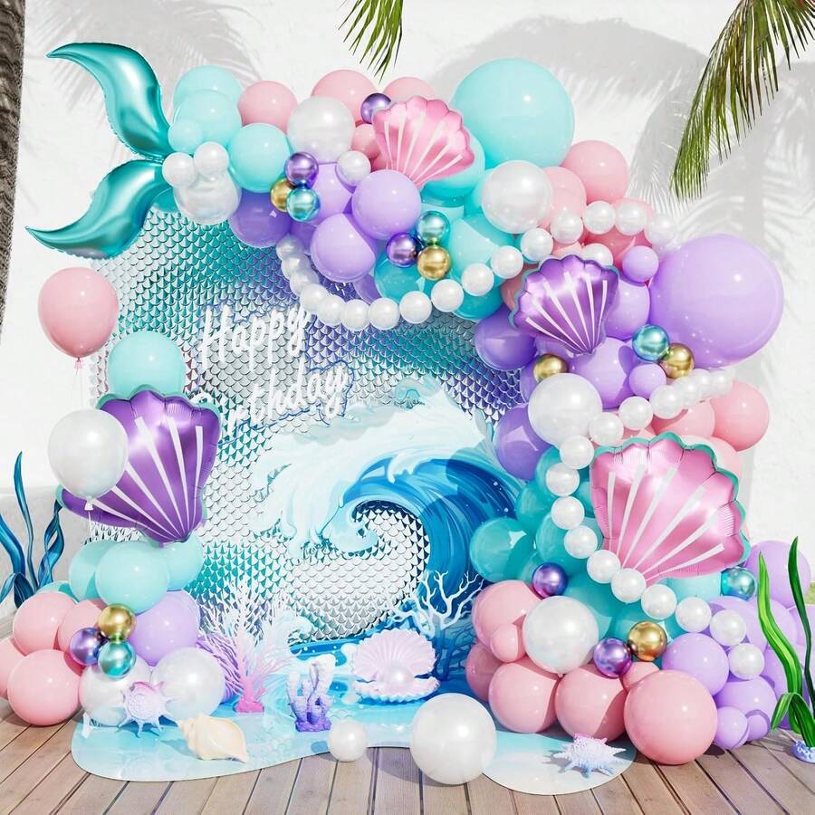 Mermaid Balloon Arch Set, 125 Pink, Purple And Blue Balloons | Mermaid Tail And Shell Foil Balloons, Paired With Pearl White Balloons, Perfect For Ocean Theme Party, Birthday Party, Gender Reveal Party And Baby Shower Decoration. - View 1