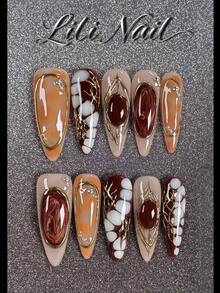 10pcs Handmade Press-On Nails, Long Pointed Shape, Reusable Manicure Set With Tools, Cute Style, Brown, Red, Marble Pattern, Gemstone Print, Gold Trim, Color Block, Hand-Painted Gradient, Suitable For Daily And Party Wear - Multicolor - View 3