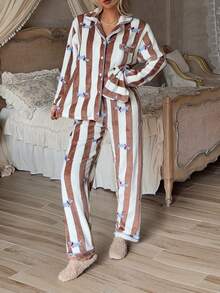 2pcs/Set Women's Winter Striped Dachshund Pattern Plush Thick Thermal Lined Turn-Down Collar Long Sleeve Top & Long Pants Pajama Set - Brown - View 6