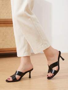 Black Faux Leather Cutout Strap Kitten Heel Mules, Open Toe Slip-On Women Summer Sandals - Black - View 2