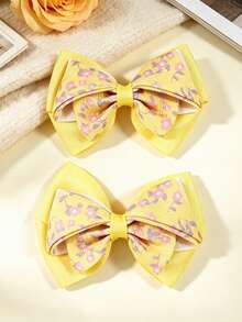 2pcs Yellow Multi-Layer Bow Hair Clips, Floral Print Bow Hair Clips, Suitable For Spring/Summer Wear, Daily And Outing Hair Accessories - Yellow - View 2