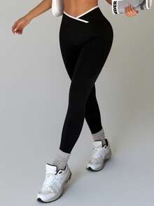 Women's Contrast Color V-Cross Waist Butt-Lifting Yoga Leggings, High Waist Tummy Control Elastic Compression Workout Pants Sports Black - Black - View 6