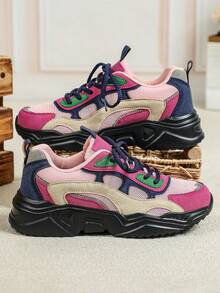 Men Street Fashion Color Patchwork Platform Sneakers, Light Cushioned Wedge Chunky Sole All Season Trainers For Daily Trip Jogging Commute - Rose Pink Blue Black Background - View 3
