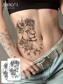 10 piezas/2 piezas Pegatinas de tatuaje desechables realistas de león negro con rosa & hortensia, tatuajes temporales realistas grandes de flores & animales a prueba de agua, pegatinas de decoración corporal sexy para cintura y caderas de mujeres, pegatinas de arte corporal temporal grandes de flores & animales de larga duración - Negro - Ver 11