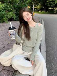 YCYC Long Sleeve Cropped Milk-Tone Unique Chic Sweater & Knit Top 2 Pieces Set - Grey - View 6