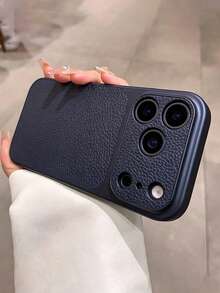 Fashion Lychee Pattern Large Window Phone Case Compatible With Iphone 17 Pro Max, 17 Pro, 16 Pro Max, 15, 14 Pro, 13, 12 Pro, 17 Camera Protection Matte Soft Edge Anti-Fall Protective Cover - Dark Blue - View 2