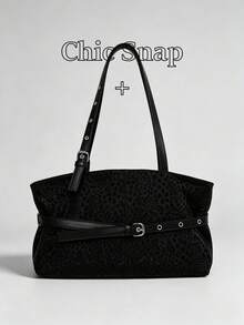 Vintage Black Leopard Print Underarm Tote Bag For Women, Adjustable Shoulder Strap, Leather Belt Decoration, Large Capacity, Commuter Shoulder Bag, Minimalist Versatile Daily Handbag, Suitable For Shopping, Wallet, Young Women, College Students, Newcomers, White-Collar Workers. Perfect For Office, University, Work, Business, Commute, Outdoor Activities, Travel And Outings - Black - View 1