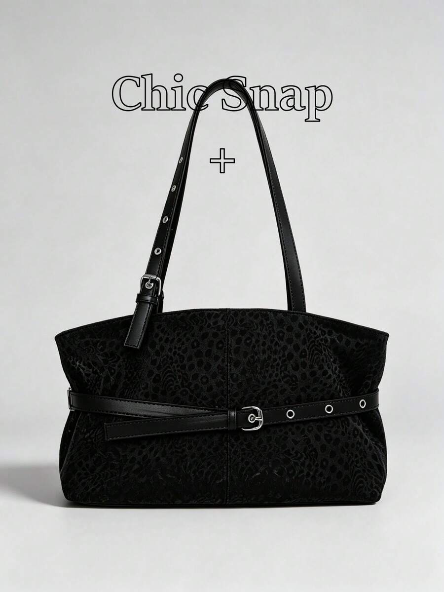 Vintage Black Leopard Print Underarm Tote Bag For Women, Adjustable Shoulder Strap, Leather Belt Decoration, Large Capacity, Commuter Shoulder Bag, Minimalist Versatile Daily Handbag, Suitable For Shopping, Wallet, Young Women, College Students, Newcomers, White-Collar Workers. Perfect For Office, University, Work, Business, Commute, Outdoor Activities, Travel And Outings - Black - View 1