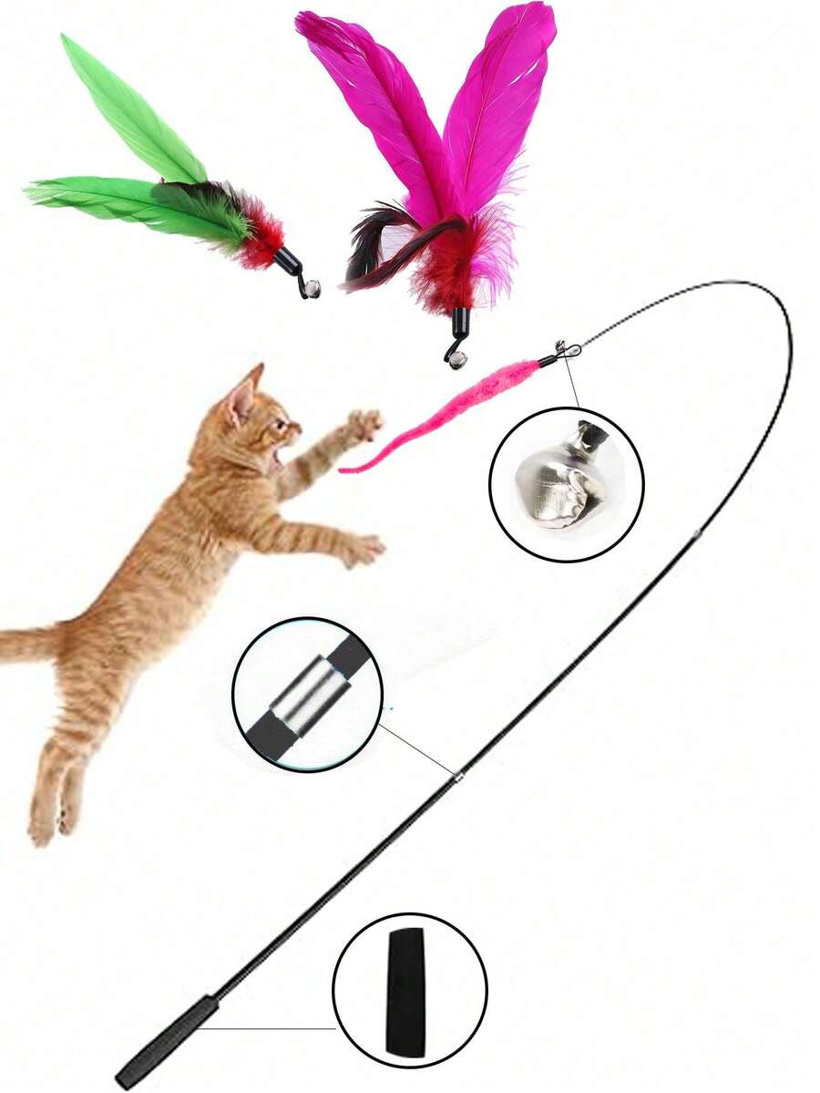 Juguete para gatos, set de juguetes para gatos, plumas artificiales de colores, varita para gatos, campana de oruga, cabeza de varita para gatos reemplazable, se puede usar en interiores y exteriores, entrenamiento, obediencia independiente, alivia el aburrimiento, (Azul, Negro. (Color de cabeza de reemplazo aleatorio)). - Multicolor - Ver 1