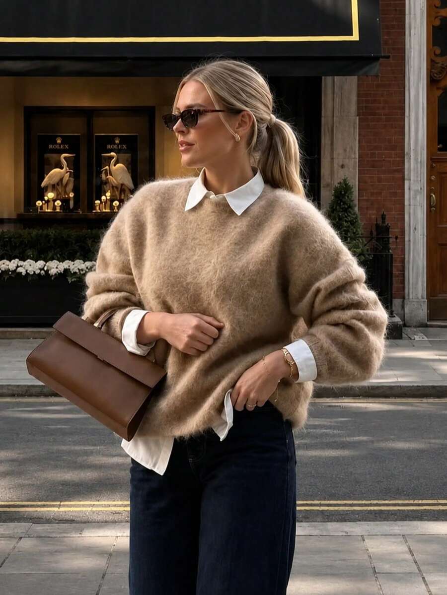 Vintage Women's Knitted Sweater, Round Neck Fuzzy Loose Pullover, Drop Shoulder Casual Long Sleeve Top Fall - Apricot - View 1