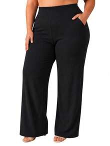 Calça Pantalona Feminina Plus Size Moda Atual 44 ao 54 Tecido Premium Confortável Elegante Zero Transparência - Preto - Visão 1
