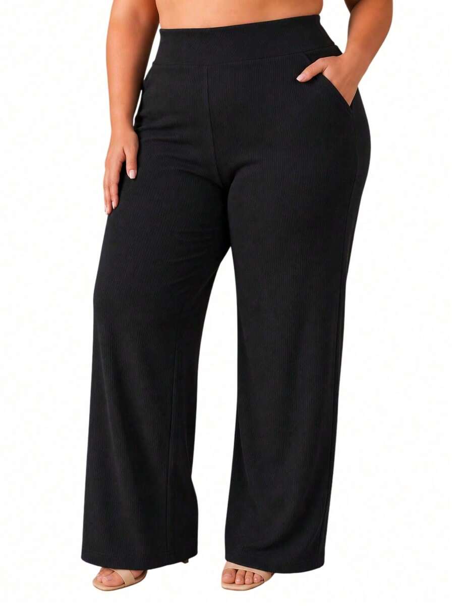 Calça Pantalona Feminina Plus Size Moda Atual 44 ao 54 Tecido Premium Confortável Elegante Zero Transparência - Preto - Visão 1