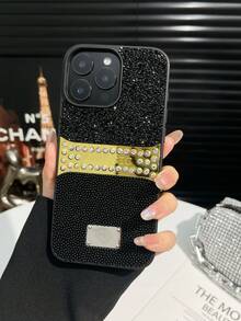 1pc Black Rhinestone + Seed Bead Solid Color Rhinestone Anti-Drop Spray Painted Phone Case Compatible With 17promax/18pro - Black - View 5