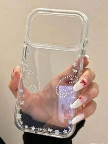 Korean Style Premium Minimalist Star Bow Wing Phone Case, Compatible With Apple 17 Pro Max, 16, 15 Pro, 15, 14 Pro, 14, 13, Fashionable Influencer Style Shockproof Phone Case - Clear - View 2