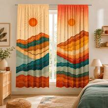 2pcs Mid-Century Rainbow Mountain Sun Semi-Sheer Curtains 90GSM Privacy-Protect Polyester, Easy Install, Quick-Dry & Fade-Resistant, Lightweight Washable. Great Decor/Room Dividers For Bedroom, Kitchen & Home. - Multicolor - View 7
