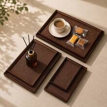 Walnut Square Bamboo Tray With Handle, Detachable Woven Mat, Multi-Size Breakfast Storage Tea Coffee Snack Food Cake Aromatherapy Candle Fruit Tray, Kitchen Accessories, Home Decor, Room Decor, Wedding, Picnic, Back To School Essentials - Maroon - View 9
