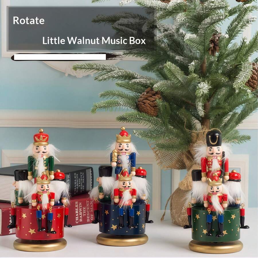 1pc European Style Hand-Painted 23CM Nutcracker Rotating Music Box, Wooden Craft Ornament Home Decor Music Box, Christmas Gift, Christmas Music Box