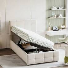 Upholstered Bed Children's Bed 90x200 Cm, Hydraulic Storage Bed, Height-Adjustable Headboard - 米色 - 查看 5