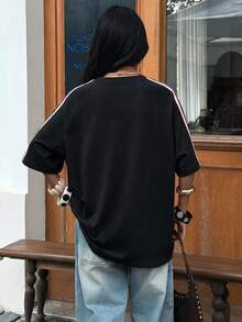 1件青少年女孩休閒拼接配色短袖T恤，春夏秋返校季適用 - 黑色 - 查看 5