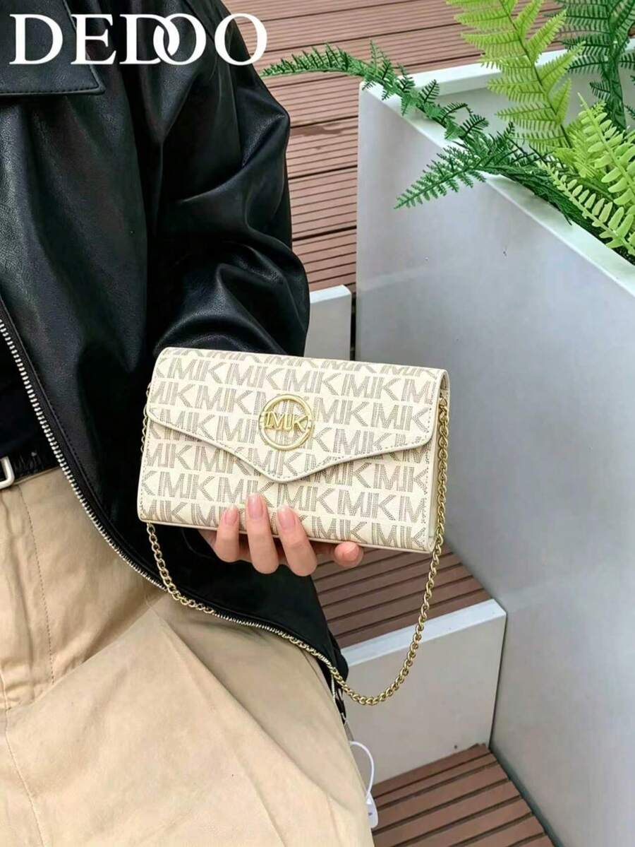 Dedoo 復古印花信封式手拿包斜挎包 PU皮革 金色鏈條 Logo 女款單肩包 日常派對旅行用