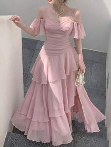 女款優雅時尚淡粉色晚宴禮服，法式修身荷葉邊婚禮賓客畢業禮服，正式度假海灘夏季秋季穿搭 - 淺粉色 - 查看 2