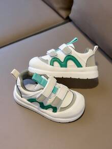 Spring/Summer Breathable Double Hook & Loop Baby Walking Shoes, White & Green Wave Colorblock Closed-Toe Anti-Kick Functional Shoes, Non-Slip Soft Sole Lightweight Stable Outdoor Sports Shoes For Toddler Boys & Girls - Green - View 3