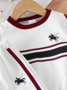 2pcs Baby Boy Minimalist Sporty Knight Logo Striped Colorblock Crew Neck Long Sleeve Sweatshirt And Straight Leg Pants Set, Suitable For Daily Casual Wear In Spring And Autumn - White - View 5