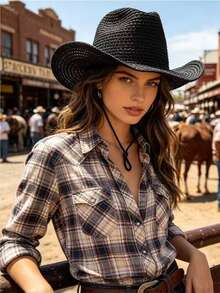 Women's Bohemian Straw Cowboy Hat, Wide Brim Woven Sun Hat, Adjustable Chin Strap Beach Hat, Suitable For Vacation, Resort, Festival And Daily Wear - Multicolor - View 2