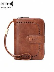 MIYIN Fashion Retro Hollow Design Credit Card Wallet, Women's, RFID Anti-Theft, Large Capacity Bifold Zipper Card Holder, With Wrist Strap, 32 Card Slots, Short Wallet, Wristlet Wallet, RFID Wallet, Suitable For Party, Shopping, Travel - Brown - View 13