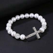 1 pieza Pulsera elástica de moda con cruz de perla falsa redonda & bola de strass - Blanco - Ver 5