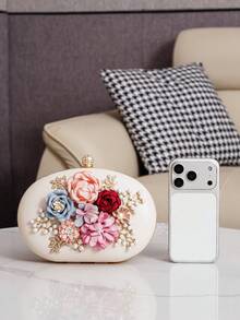 Evening Clutch Bag Fashion Floral Rhinestone Decor Handbag Oval Small Round Bag Shoulder Crossbody Chain Bag Handheld Bag Evening Bag For Women - Apricot - View 8
