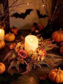 51pcs/Set Halloween/Autumn Maple Leaf Candle Ring Decor. Artificial Maple Leaf Set, Candle Wreath, Autumn Tabletop Decoration, Halloween And Thanksgiving Centerpiece, Harvest Festival Party Styling, DIY Autumn Wedding Tabletop Decor. - A - View 2