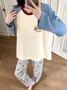 2pcs/Set Women's Pajamas Loungewear Set, Round Neck Pullover Cute Dachshund Dog Print Minimalist Long Sleeve Long Pants, Suitable For All Seasons - Blue and White - View 8