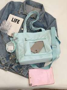 Bolso Tote de Tela Azul Claro para Desplazamientos, Doble Asa, Correa de Hombro Ajustable, Con Pequeña Bolsa de Almacenamiento Cilíndrica - Azul - Ver 3