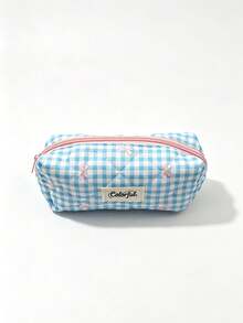 1pc Cute Bow Plaid Pencil Case, Fresh Korean Style Design, Back To School Student Stationery Storage Bag, School Bag Pencil Pouch - Blue - View 12