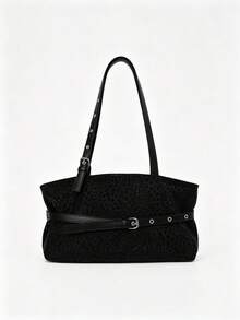 Vintage Black Leopard Print Underarm Tote Bag For Women, Adjustable Shoulder Strap, Leather Belt Decoration, Large Capacity, Commuter Shoulder Bag, Minimalist Versatile Daily Handbag, Suitable For Shopping, Wallet, Young Women, College Students, Newcomers, White-Collar Workers. Perfect For Office, University, Work, Business, Commute, Outdoor Activities, Travel And Outings - Black - View 4