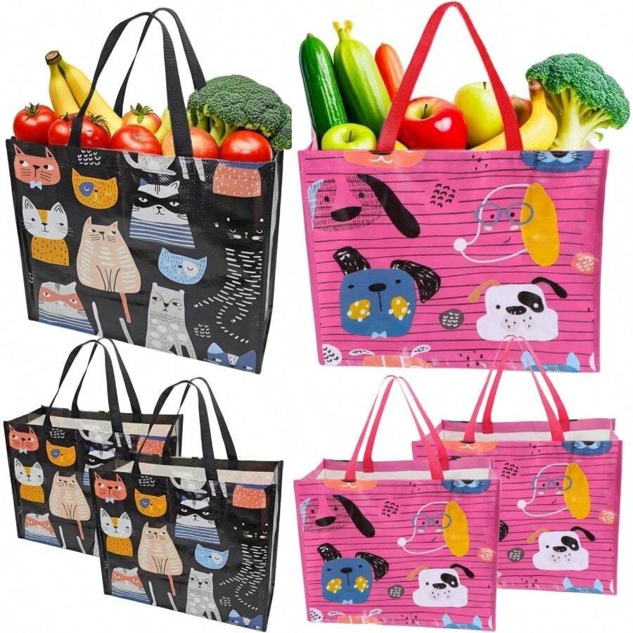 6 Pack Reusable Grocery Bags Foldable Large Reusable Shopping Bags, Supermarket, Picnic, Beach Home Storage - Pink Black - View 1