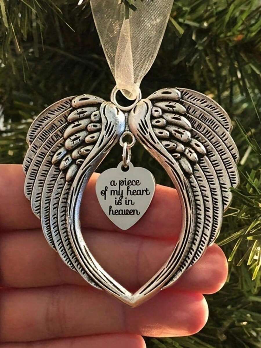 1pc Angel Wings Christmas Decoration, Bell-Shaped Memorial Ornament, Commemorating Lost Loved One, Stainless Steel Angel Wings Christmas Tree Decor Gift Box Home Hanging Ornament (Mom) Heart-Shaped Wings Design Hanging Decor, Zinc Alloy Home Decor Halloween Decoration Christmas Decoration Room Decor