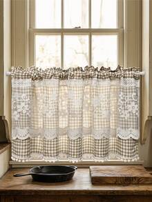 1 Stück blauer Vintage-Landhausstil Kontrast-Spitzen-Strickvorhang, Küchen-Karo-Kurzvorhang, Spitzenbesatz-Halbvorhang, französischer Bauernhaus-Vorhang, Raumdekoration - Blau - Übersicht 8