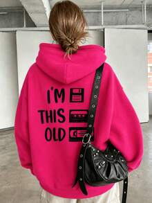 Y2K Street Pattern Print Women's Drop Shoulder Pullover Sweatshirt, Pocket Casual Pullover Sweatshirt Print Sweatshirt Women's New Regular Autumn/Winter Fashion Casual Loose Solid Color Print Long Sleeve Sweatshirt, Pullover Pullover Sweatshirt, Daily Wear, Eid Al-Adha, Commuting, Gift, Outdoor Sports Clothing - Hot Pink - View 1