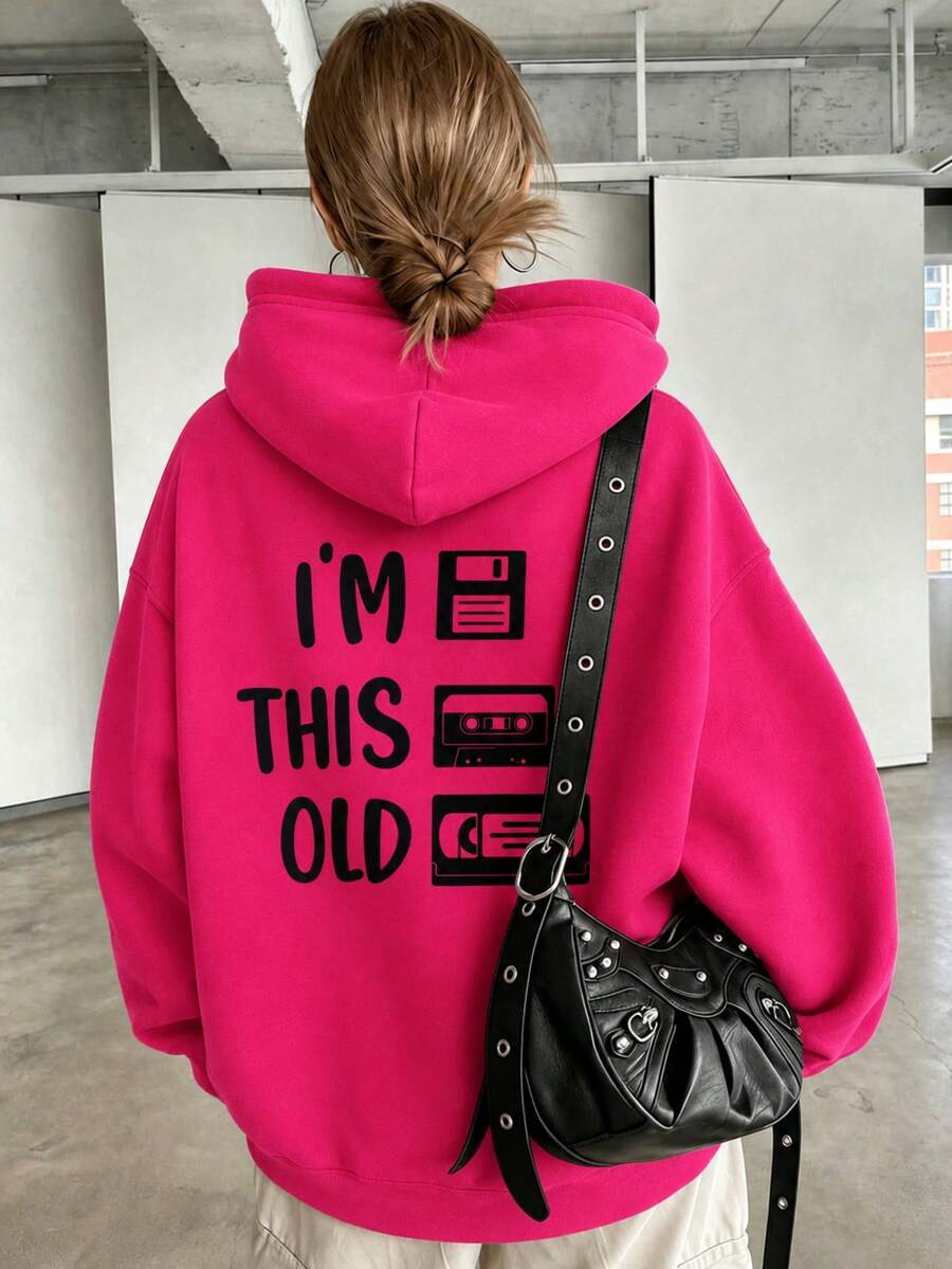 Y2K Street Pattern Print Women's Drop Shoulder Pullover Sweatshirt, Pocket Casual Pullover Sweatshirt Print Sweatshirt Women's New Regular Autumn/Winter Fashion Casual Loose Solid Color Print Long Sleeve Sweatshirt, Pullover Pullover Sweatshirt, Daily Wear, Eid Al-Adha, Commuting, Gift, Outdoor Sports Clothing - Hot Pink - View 1