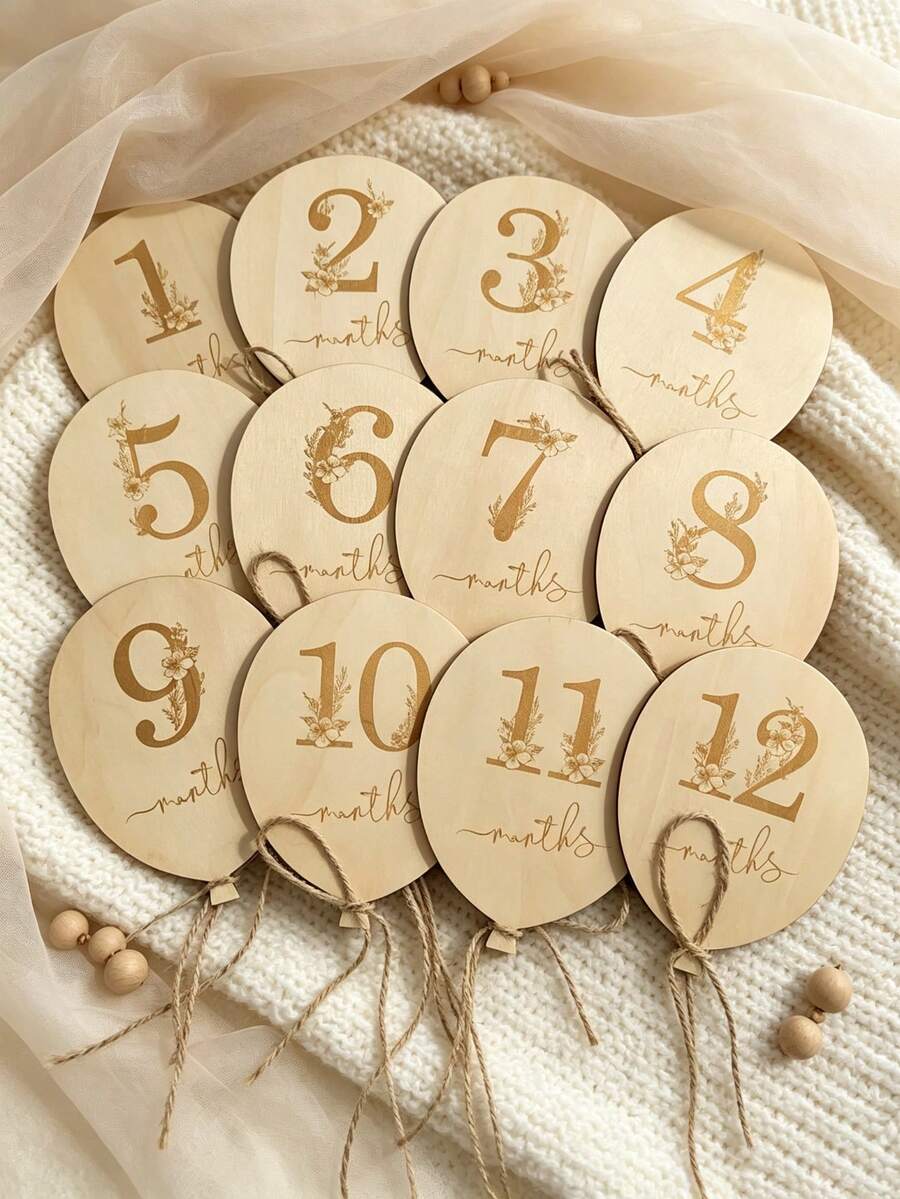 12/6pcs Double-Sided Newborn Milestone Cards, Wooden Birth Announcement Plaques For Recording Baby's Birth Information, Newborn Photography Props, Welcome Baby Gift - Multicolor - View 1